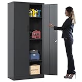 Aktenschrank, Metallschrank, Stahl-Aufbewahrungsschrank, Mehrzweckschrank, 3 Verstellbare Regale, 2 Abschließbare Türen, Schränke für Büro, Wohnzimmer, Garage, 40T x 80B x 180H cm, Schwarz
